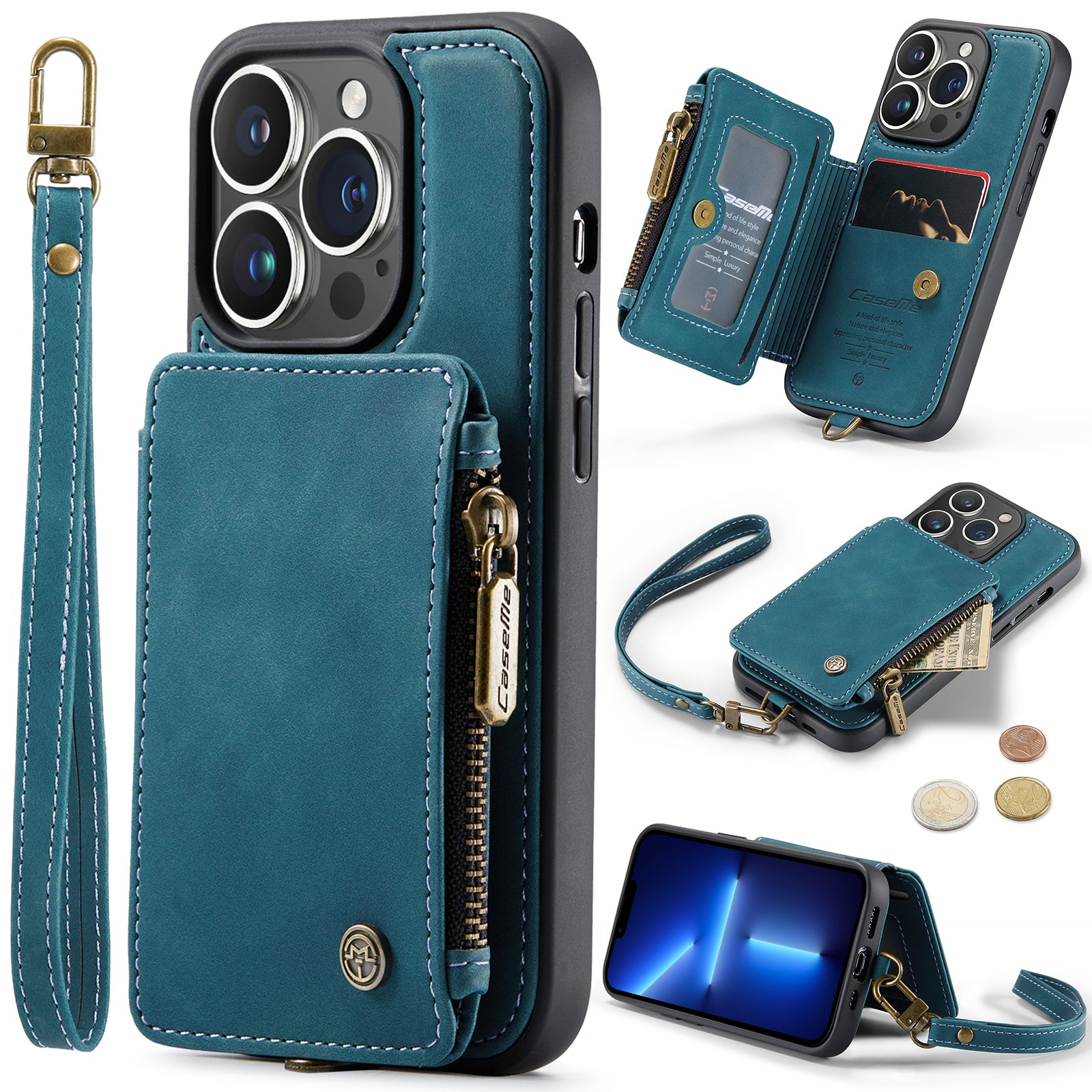 CASEME C20 Series for iPhone 13 Pro 6.1 inch RFID Blocking Zipper Pocket Wallet Case PU Leather Coated TPU Kickstand Protective Phone Cover with Strap CASEME C20 Series for iPhone 13 Pro 6.1 inch RFID Blocking Zipper Pocket Wallet Case PU Leather Coated TPU Kickstand Protective Phone Cover with Strap
